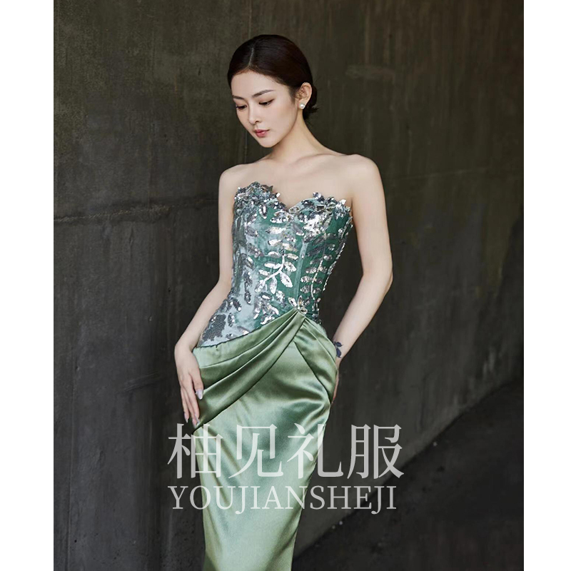 New Chinese-Style Green Morning Robe for Women, High-End Strapless Bridal Engagement Wedding Dress, High-End Light Luxury Niche Toast Dress