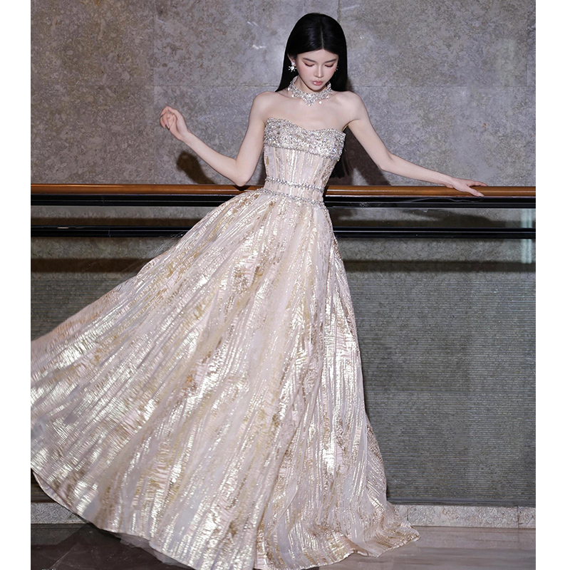 Strapless Toast Dress, High-End Bridal Engagement Wedding Dress, Light Luxury Gold Girl's Birthday Coming-Of-Age Ceremony Princess Dress