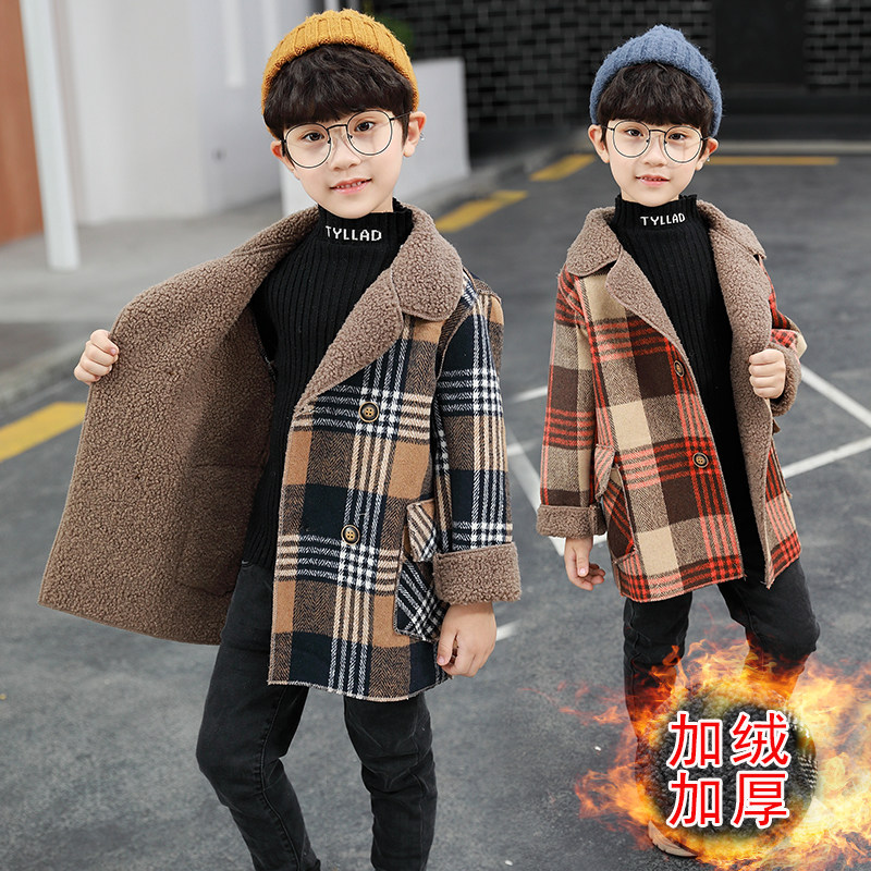 Boy's woolen coat 2022 autumn wear middle and small children's foreign style medium-length woolen coat children's plus velvet thick winter wear