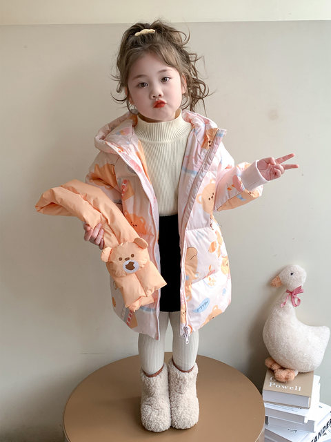 Girls' mid-length down jacket winter 2025 new style children's cartoon hooded coat baby warm clothes