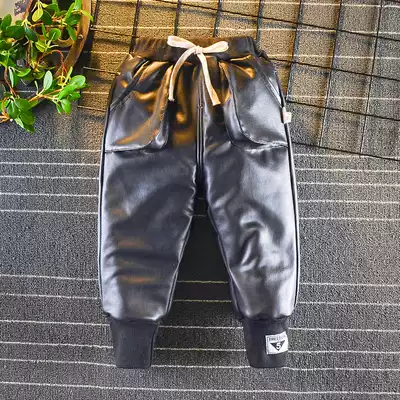 Boys leather pants plus velvet thickened autumn and winter clothes baby winter cotton slim pants baby warm pants