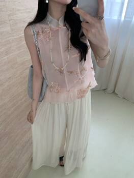 Organza ອຸດສາຫະກໍາຫນັກ embroidery beading ໃຫມ່ vest ແບບແຫ່ງຊາດຈີນສໍາລັບແມ່ຍິງ summer high-end ແສງສະຫວ່າງ temperament vest ຟຸ່ມເຟືອຍ