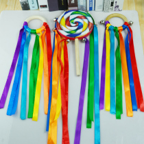 Kindergarten Rainbow Ribbon Dance Wood Ring Bell Early Playground Performance Props Early Education Puzzle Hand Bell Children Color Band Rocking Bell