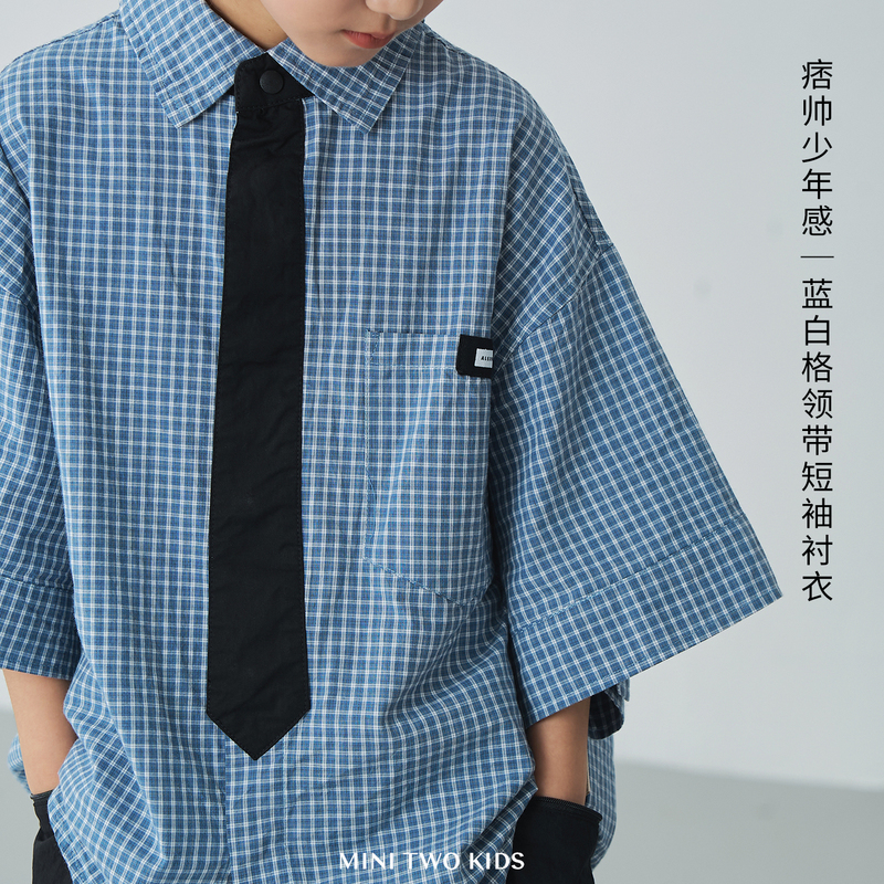 Mt Original Children's Clothing Japanese Style Boys' Cool and Handsome Blue and White Checkered Tie Short-Sleeved Shirt Summer Shirt for Older Children
