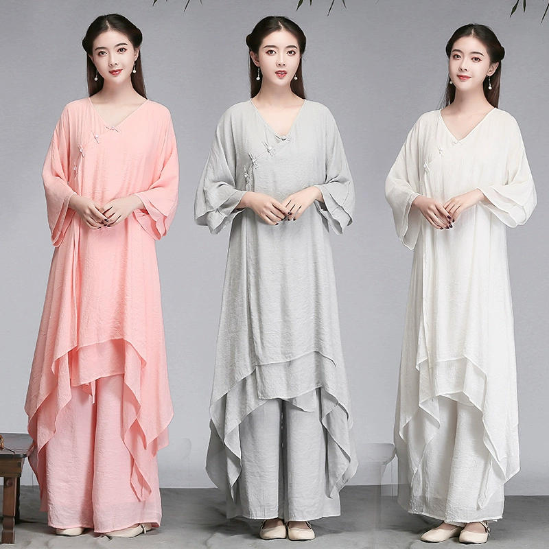 2021 phong cách dân tộc mùa hè phong cách mới cotton và vải lanh retro hai lớp chín điểm tay áo kích thước lớn Zen trà sửa váy đầm phụ nữ - váy đầm