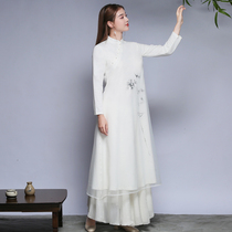 Chinese style Zen suit large size female spring and Autumn literature and art ancient style daily thickened long-sleeved tea dress Fairy Zen dance dress