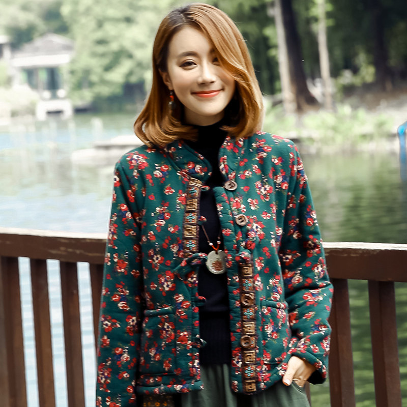 民族风女装保暖加绒棉麻棉衣短款外套加厚棉服大码印花棉袄