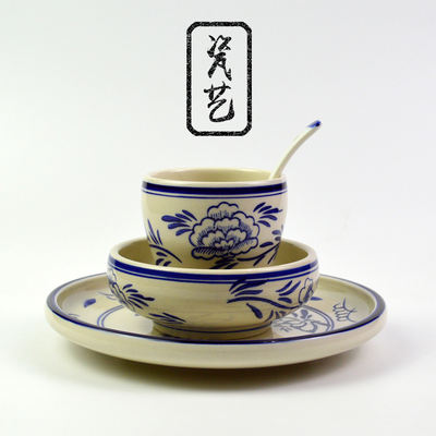 Ceramic tableware, four-piece sets for restaurants and hot pot restaurants, household bowl and plate sets for restaurants, commercial blue and white antique and retro display tables