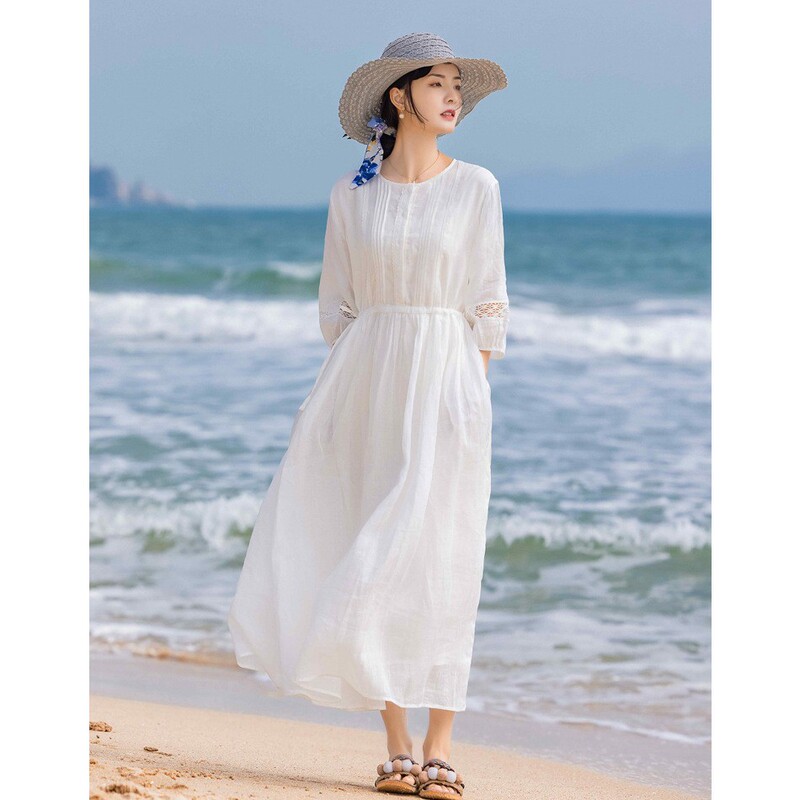 2026 New High-End Original Lace Splicing Lantern Sleeve Ramie Dress with Artistic Temperament, Waist-Cinching and Long Flared Skirt 2026 New High-End Original Lace Splicing Lantern Sleeve Ramie Dress with Artistic Temperament, Waist-Cinching and Long Flared Skirt