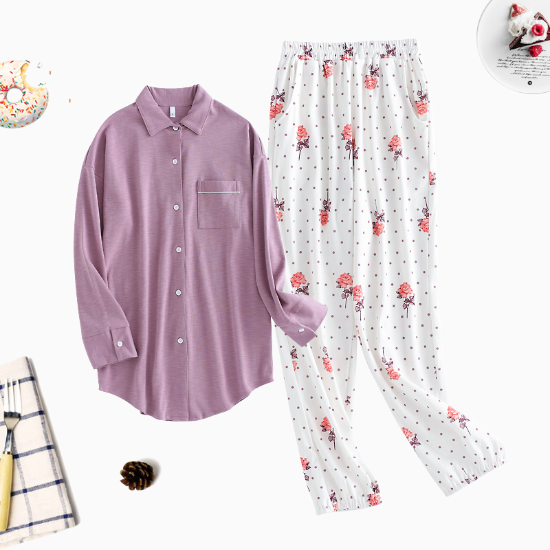 Mrs. Thly Sleepwear Woman Autumn Pure Cotton Long Sleeve Spring Autumn Style 2018 New Thin And Sweet And Cute Romantic Purple