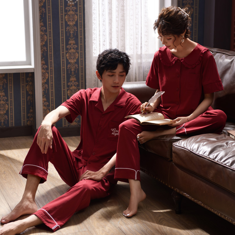 Couple pajamas summer cotton short-sleeved trousers ladies sweet thin section red wedding wedding summer men's suit