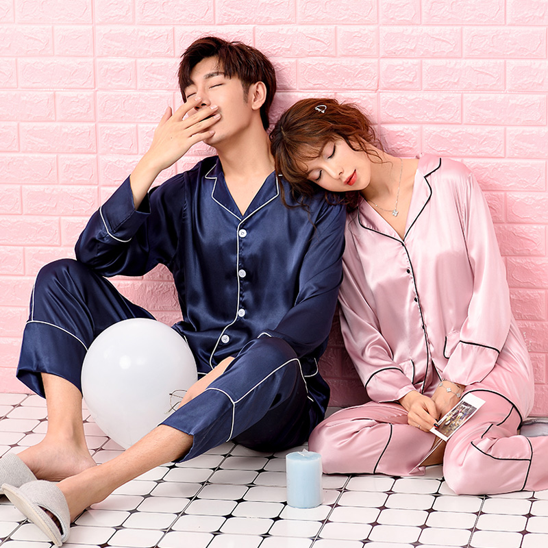 Silk couple's pajamas fall ice wire long sleeve suit female spring and autumn fat mm 200 pounds of loose men's home suit