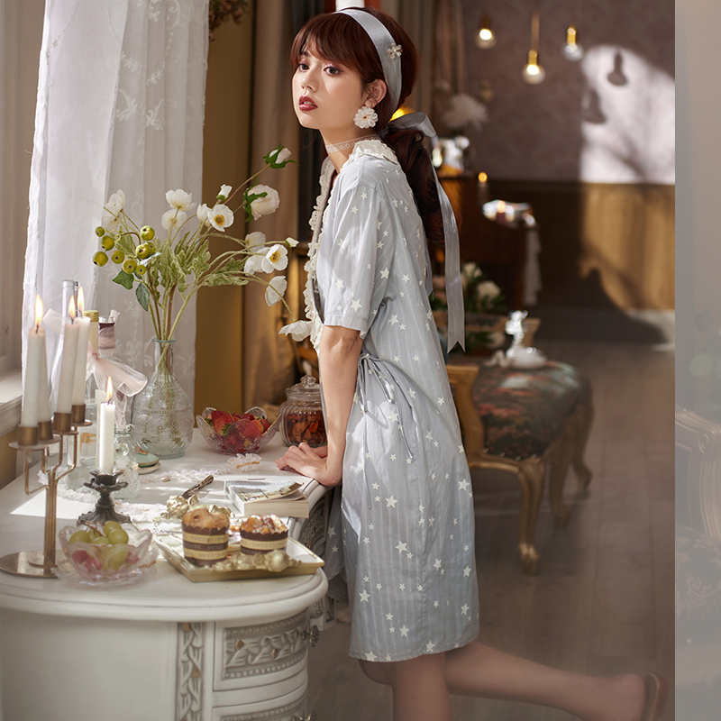 Sleeping Skirt Woman Summer Pure Cotton Short Sleeve Sexy Cute Princess Wind Palace Court Day Style Kimono Kimono Sleeping Dress Skirt