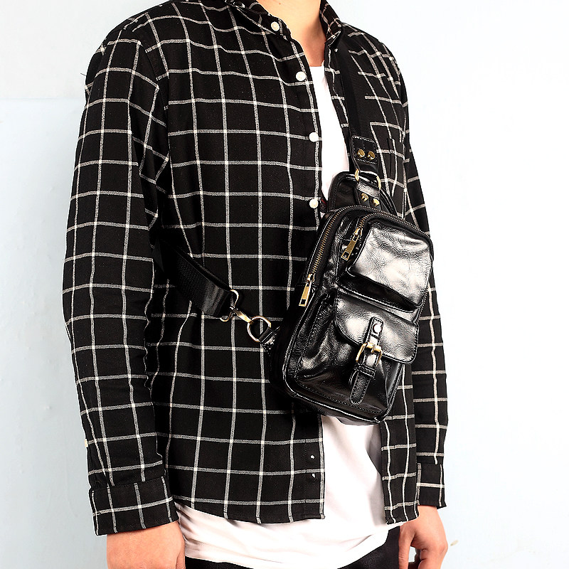 Chest bag men's messenger bag leather waist bag multi-pocket small bag one-shoulder small backpack Korean version trendy chest bag men's bag
