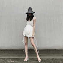 SAKUYA small crowddesign ripping up and breaking quite sphincter irregular floating with cashew and lean fairy mesh yarn blouse