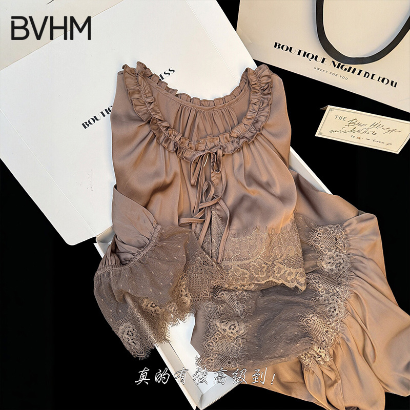 Victorian Style Silk Pajamas for Women 2026 New French Palace Style Lace Ice Silk Long-Sleeved Home Wear Set