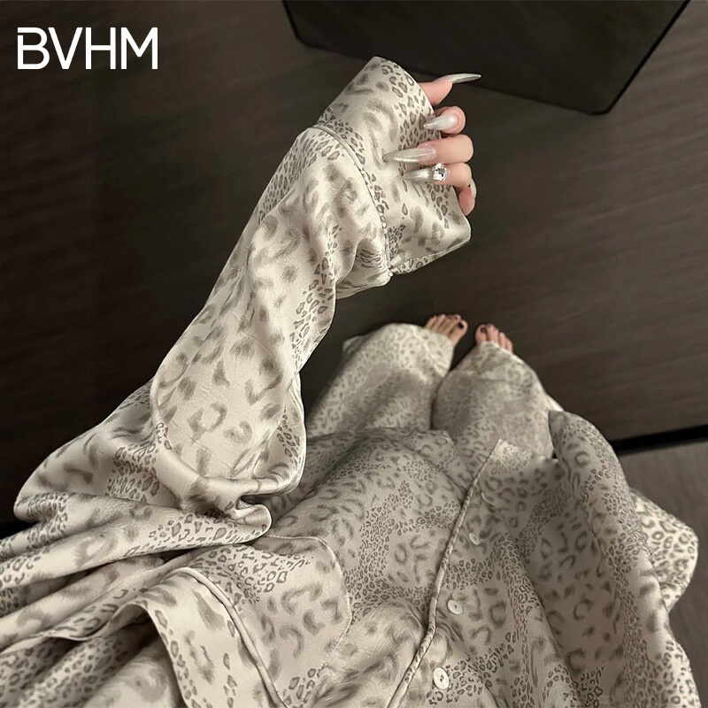 Victorian Style Silk Leopard Print Pajamas for Women Summer 2026 New High-End Ice Silk Long-Sleeved Pants Home Wear