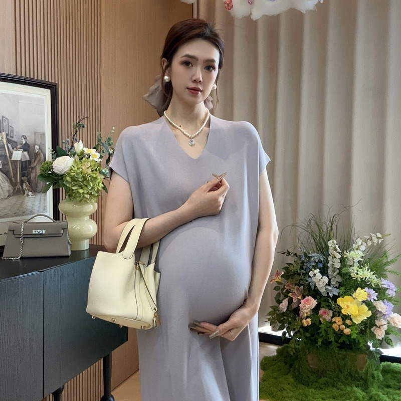 Zoey Maternity Wear [Rouge] Spring/Summer Simple and Elegant Curved Beaded Slimming Loose-Fit Mid-Length Dress for Pregnant Moms