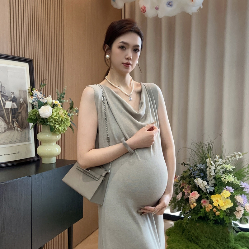 Zoey Maternity Wear [Statue of Liberty] Spring/Summer Elegant Slimming French Style Swing Collar Gentle Long Maternity Dress