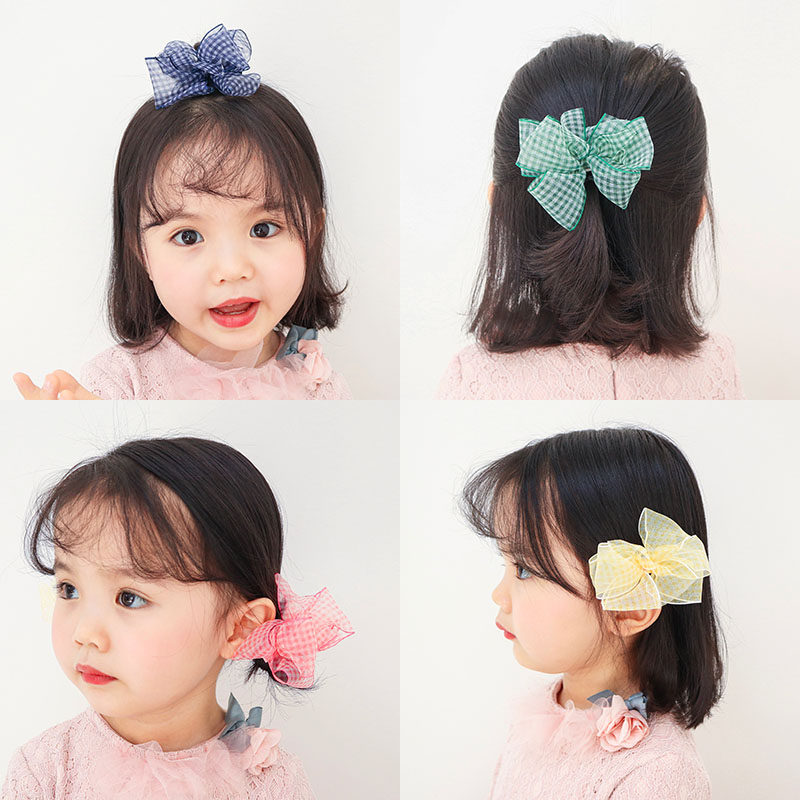 Korean children's hairpin plaid mesh temperament princess hair ornaments Baby cute headdress Girls bangs clip side clip