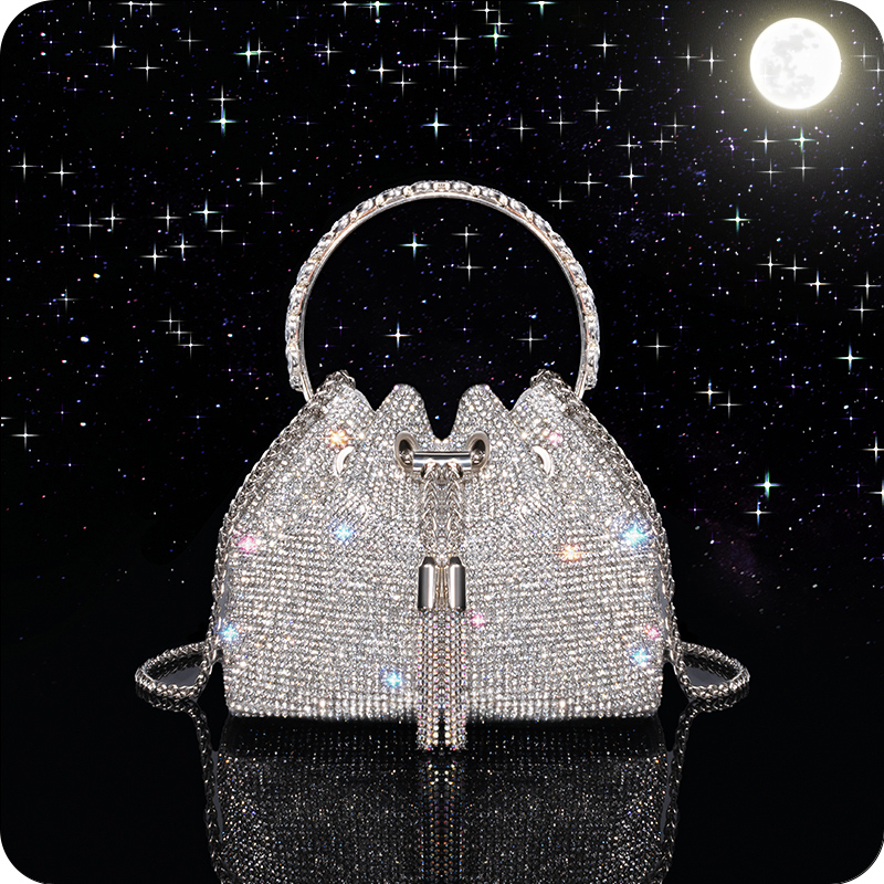 Night Moon Evening Tassel Rhinestone Bag for Women 2026 New Trendy High-End Silver Crossbody Small Bucket Bag with Diamonds