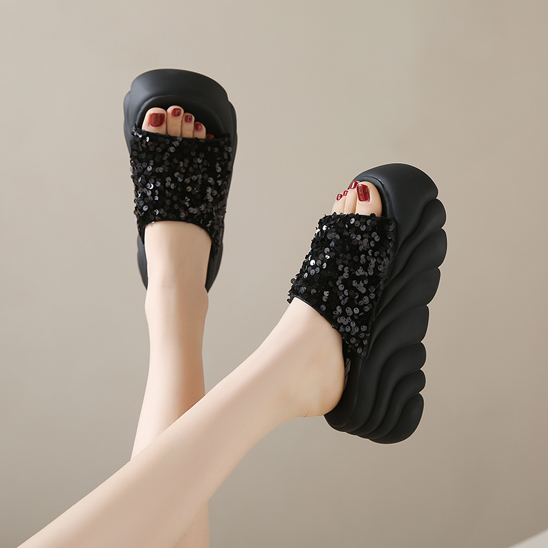 soft sole Thick-Soled Sandals and Half-Slippers for Women, New Summer Outerwear Style, Sequined Platform Sandals for Women, Slip-On Sandals