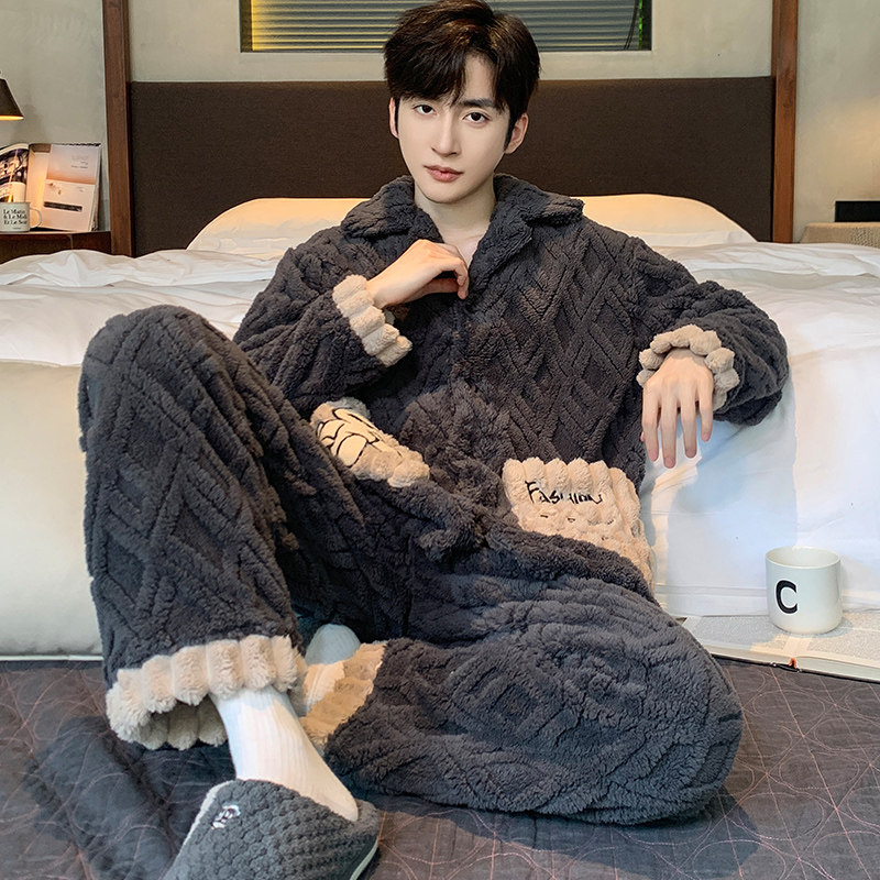 Men Sleeping Clothes Autumn Winter Warm Coral Suede With Suede Thickened Winter Cashmere Flannel Youth Big Code Home Suit-Taobao