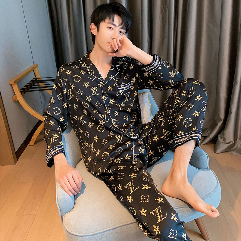 2021 New Pajamas Men's Spring, Autumn and Summer Ice Silk Thin Long Sleeve Young Men's Silk Home Clothes Set