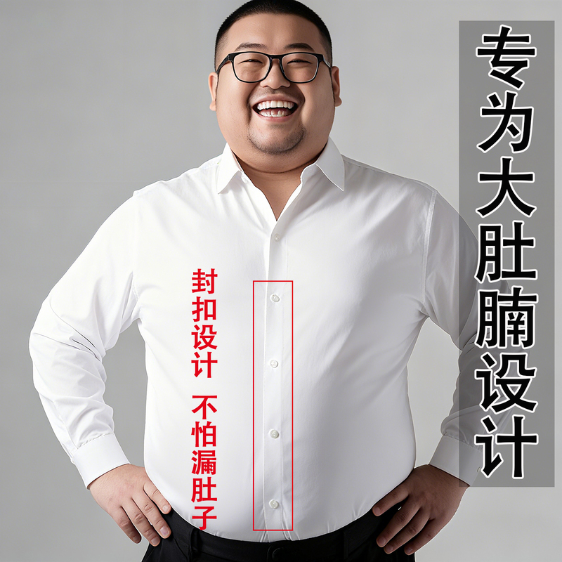 Fat Man with Big Belly, No Button Popping, High Elasticity, High-End White Business Breathable Quick-Drying Long-Sleeved Shirt with Closed Placket
