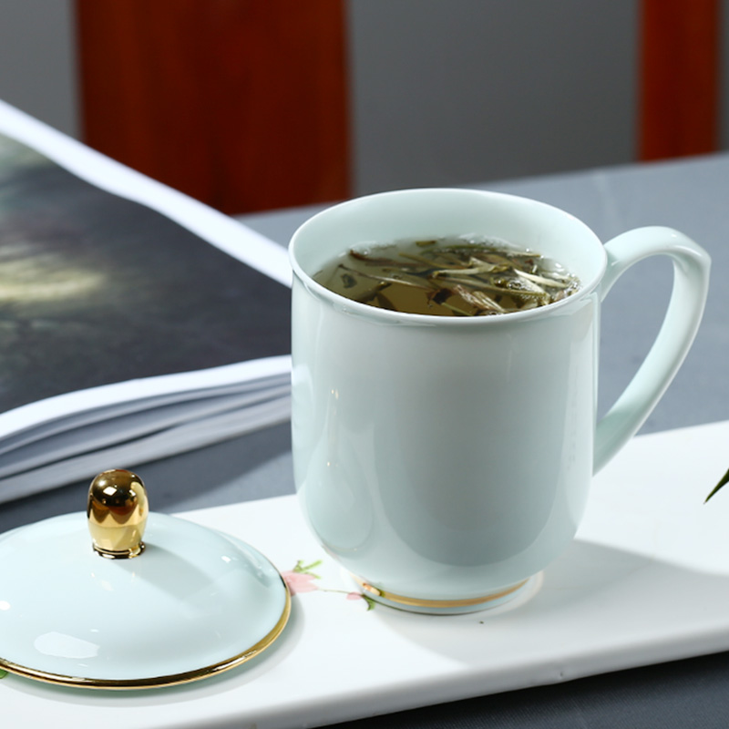Jingdezhen ceramic tea cup of office tea cup household glass with cover keller celadon glass printing