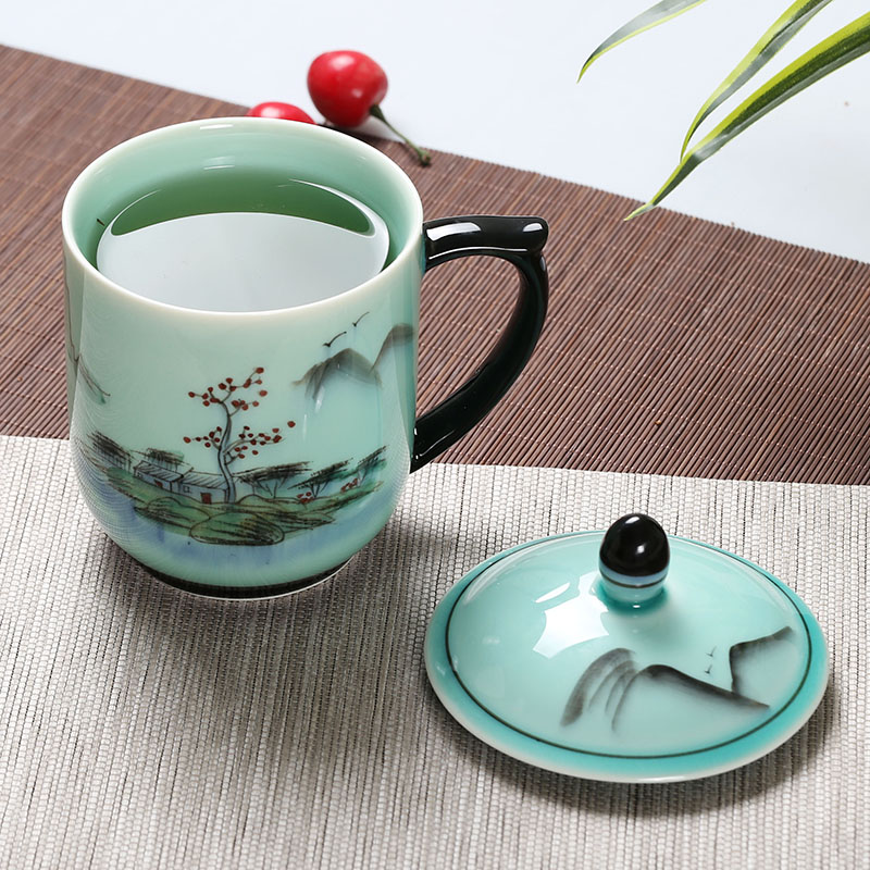 Celadon personal glass cup with cover office of jingdezhen ceramic hand - made cup gift cup large household tea cup