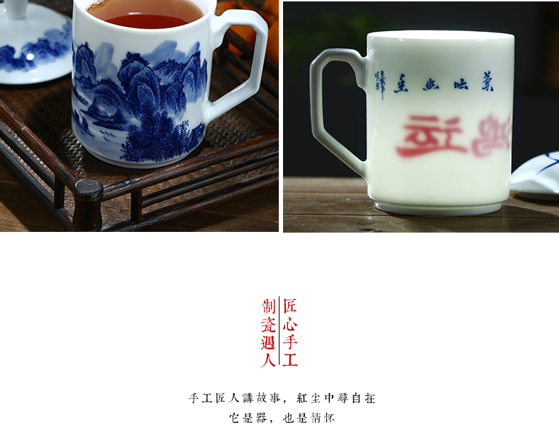 Jingdezhen ceramic cups with cover double anti hot tea cup hand - made of blue and white porcelain cup boss office glass cup