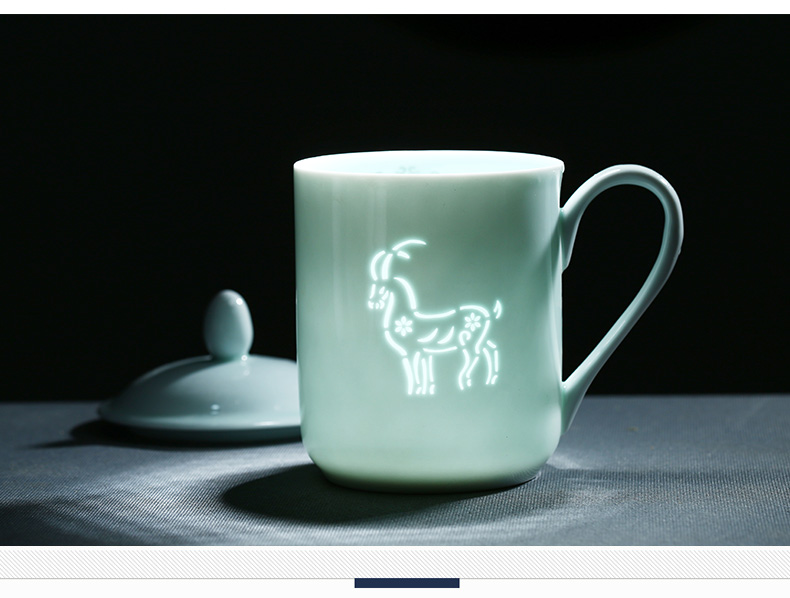 Jingdezhen shadow green and exquisite porcelain teacup creative zodiac ceramic cups with cover office cup tea cup gift cups