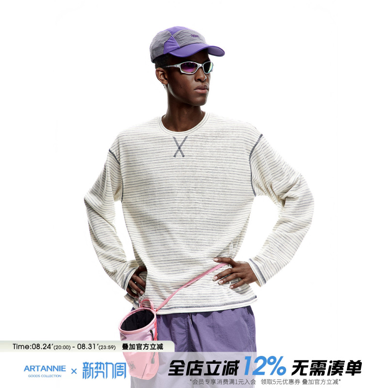 Artannie Spring/Summer Hasselblad Line Color-Block Striped Long-Sleeve T-Shirt for Men, Casual Loose Fit Couple's Base Shirt Top