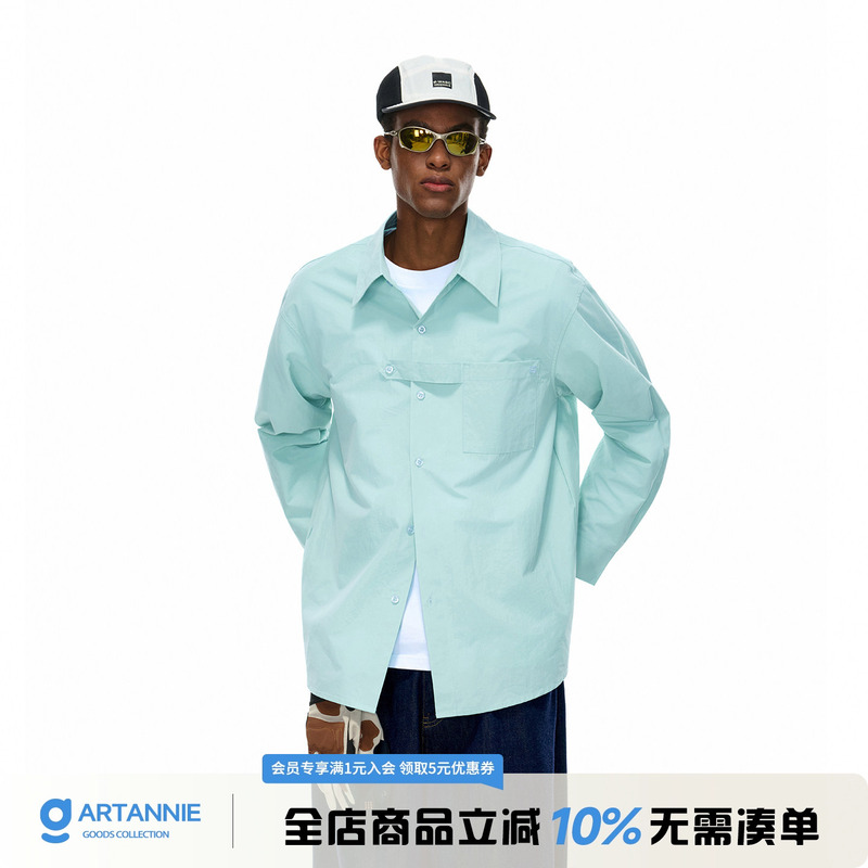 Artannie American Design Pure Cotton Long-Sleeved Shirt Men's Summer Loose Mint Green Couple Shirt Jacket Artannie American Design Pure Cotton Long-Sleeved Shirt Men's Summer Loose Mint Green Couple Shirt Jacket