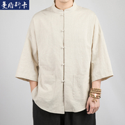 Tang mỏng phong cách mùa xuân và mùa hè của nam giới loose-fitting retro gió Trung Quốc khóa Han quần áo vải bông áo bảy tay Trung Quốc