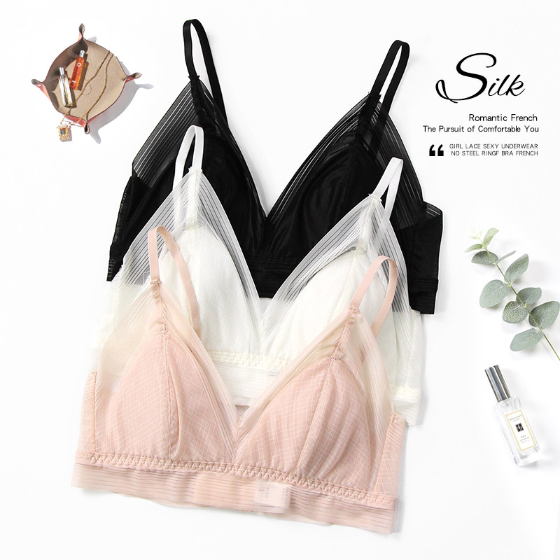 Silk underwear female steel-free ring thin large bra small bra without trace lace ultra-thin breathless triangle bra