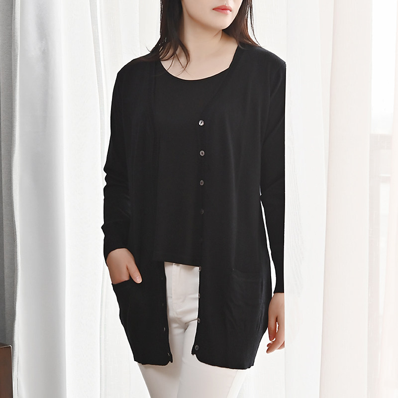 Knitted sweatshirt for the long version V collar autumn winter black 100 lap large size loose and thin outside lap knit sweater woman