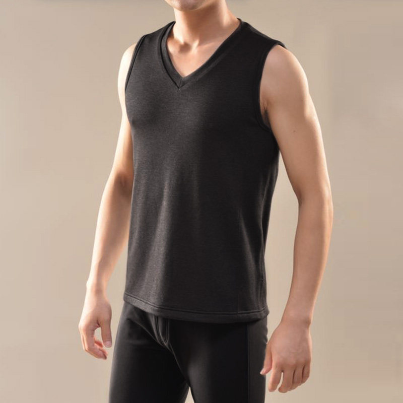 Chamiautumn winter new real silk plus suede thickened warm vest men V collar pure color elastic silk not down velvet