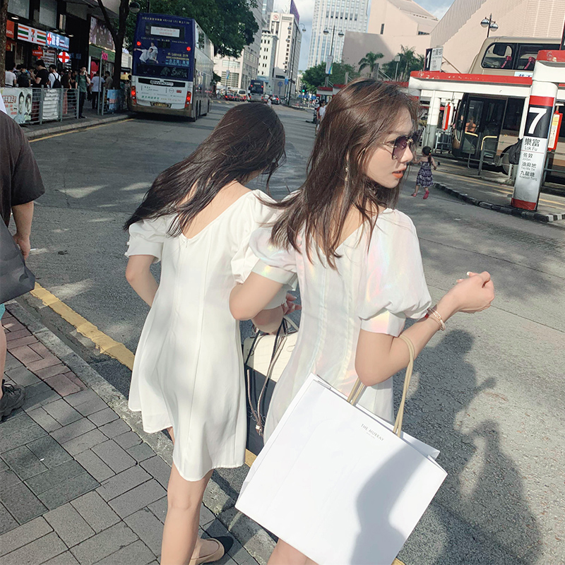 White V collar dress Women in summer 2020 Korean version new temperament collection Waist Foam with small fragrance Fairy Skirt Egg Dress