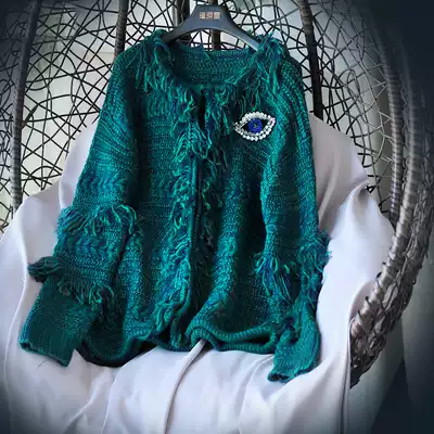Green retro winch tassel dark button lazy wind 202020spring autumn loose round neck knitted cardigan sweater
