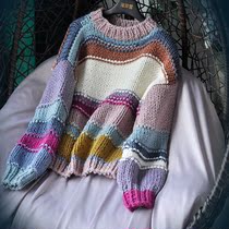 The color scheme is too good-looking thick needle round neck pullover sweater thickened autumn and winter pure handmade ancient Rainbow lazy knitting