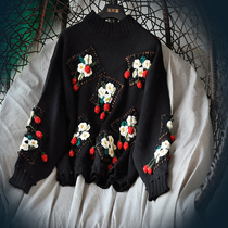 Self-retaining handmade hook knit sweater loose cute strawberry lazy black long sleeve pullover top autumn and winter New