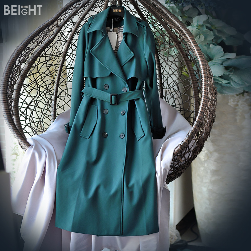 The cool color is too good-looking. Spring and autumn new casual windbreaker women's mid-length British style over-the-knee temperament jacket