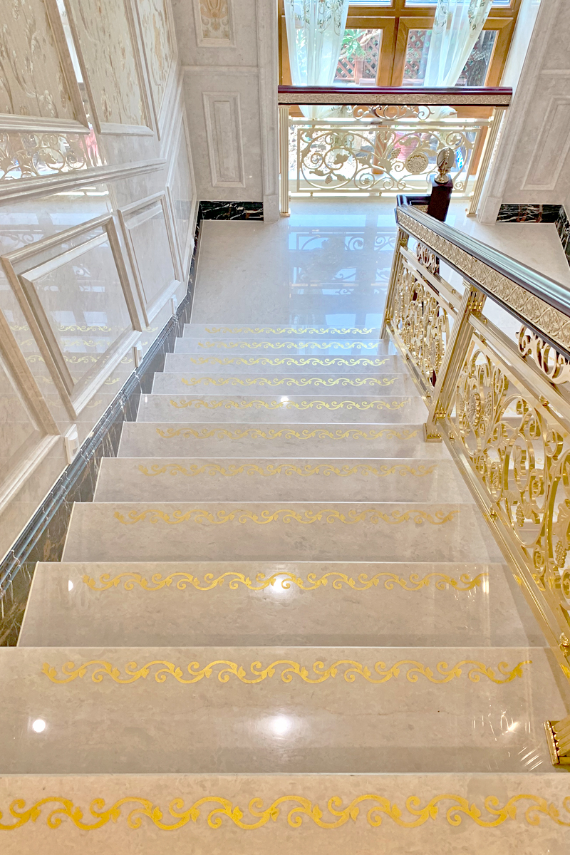 Customized spiral staircase marble tread arc shaped home interior villa loft duplex building natural stone steps