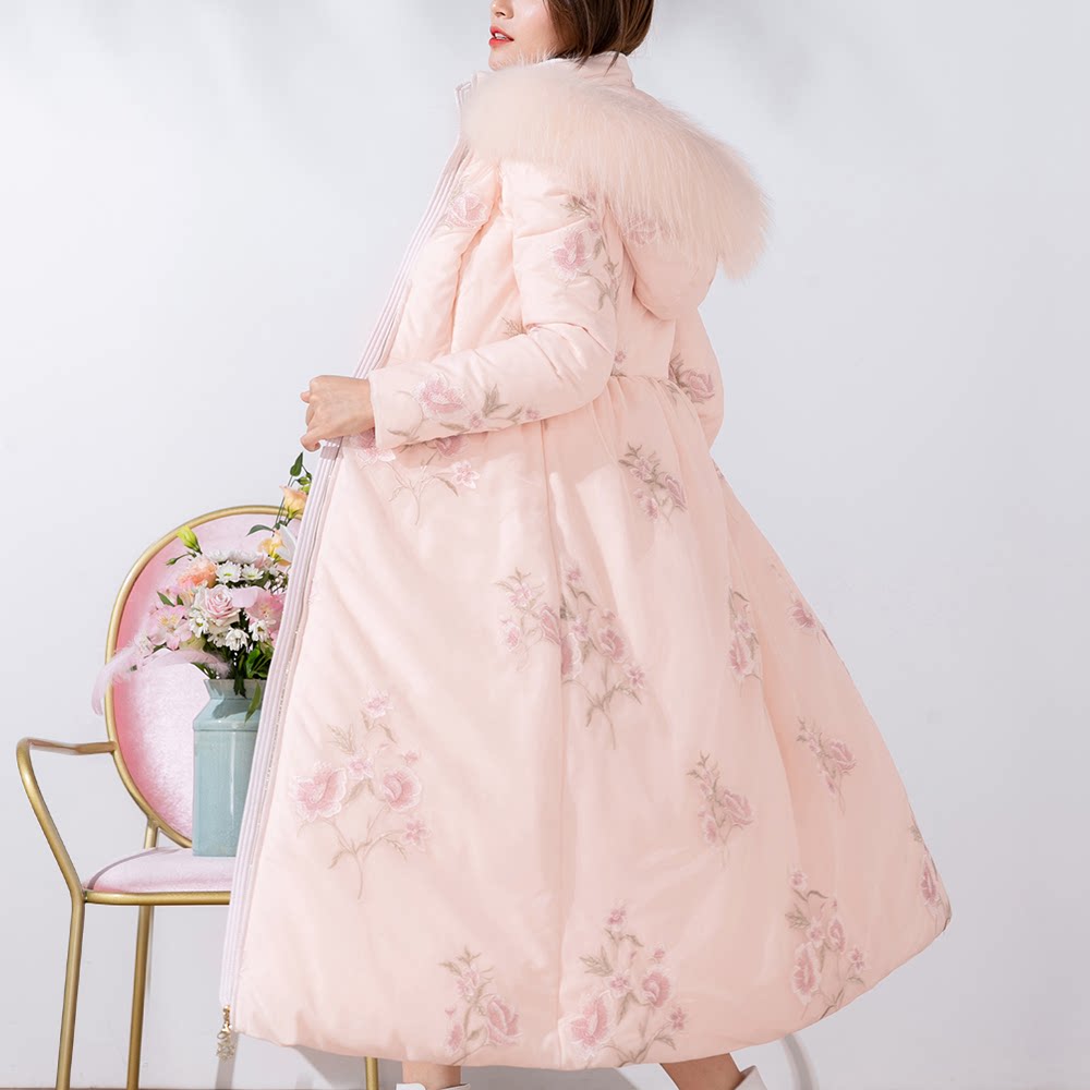 Princess Down jacket Women's 2021 new cashies long version of women over knee real fur collar hat white duck suede coat winter