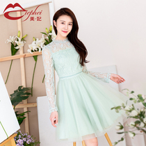 Beauty concubine green lace dress female 2021 Spring and Autumn new womens temperament slim figure a skirt