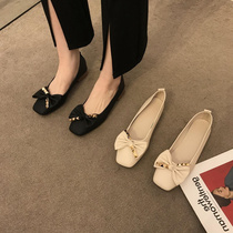 ITSK single shoe female square head light mouth butterfly knot low heel coarse heel soft leather commuter woman shoes grandma shoes