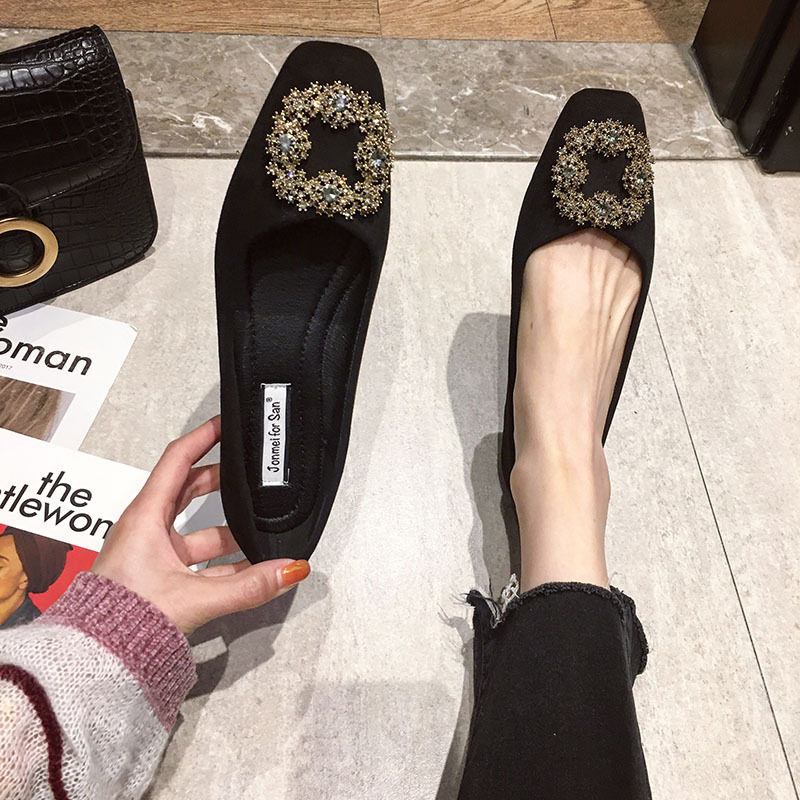 Summer qualification ~ ITSK shoes women's single shoe flat bottom soft bottom square head suede face shallow water drill bean shoes women's shoes-Taobao