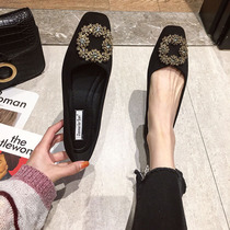 ITSK shoes womens single shoe flat bottom soft bottom square head suede with shallow mouth water drill bean shoes womens shoes